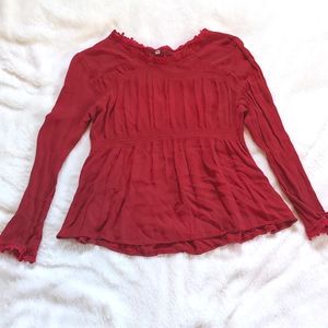 Shein Burgundy Long Sleeve Ruffle Lace Top